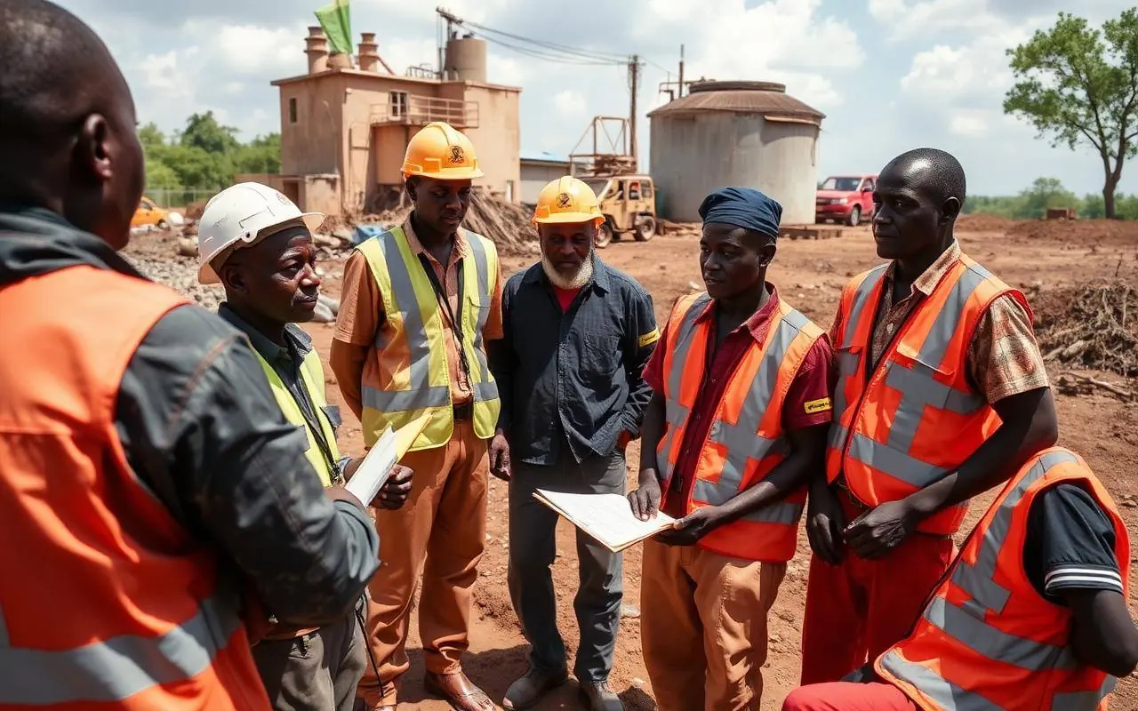 Artisanal gold miners in high-visibility vests meeting with university researchers at a small processing site in Uganda