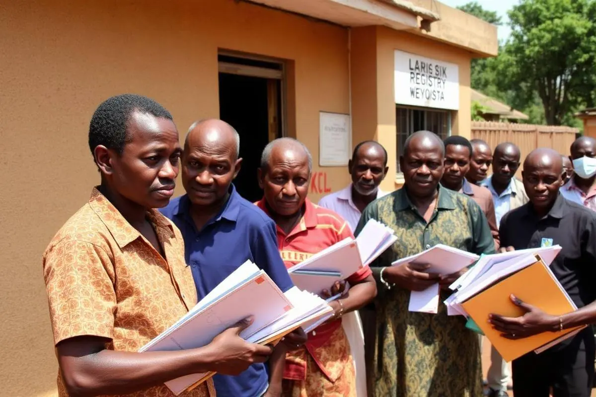 Members of a licensed mining cooperative in Busia District reviewing paperwork at a formalised gold working