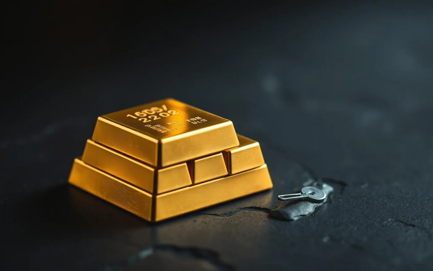 Refined gold bullion under directional light on a dark surface