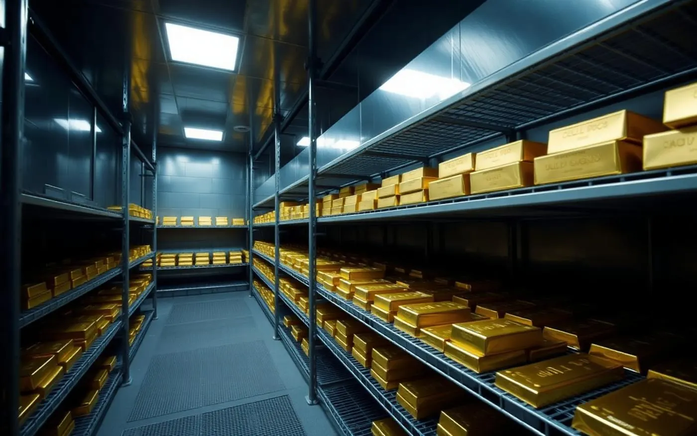 Stacked bullion bars in a sovereign reserve vault