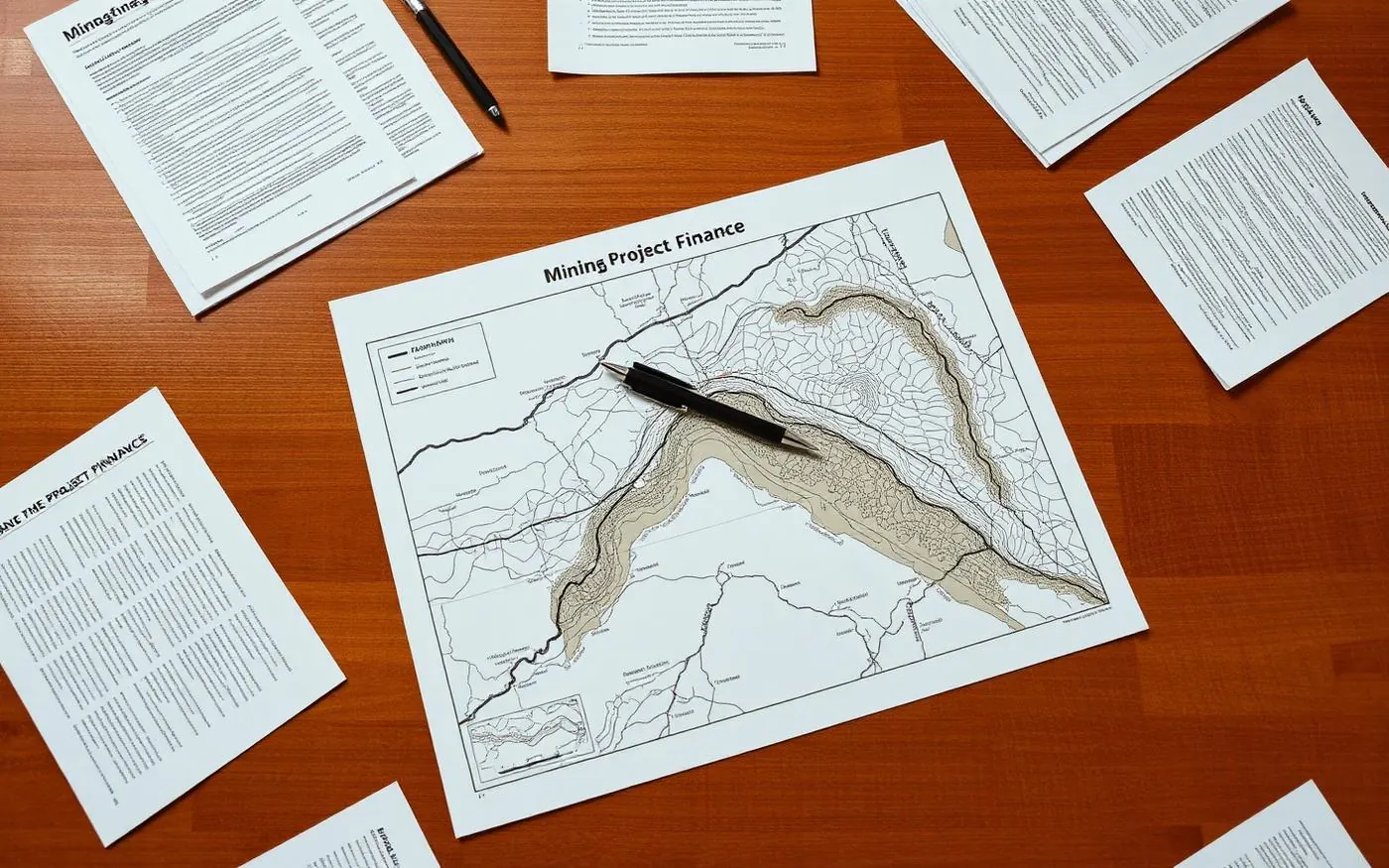 Project financing documents and a geological map on a desk