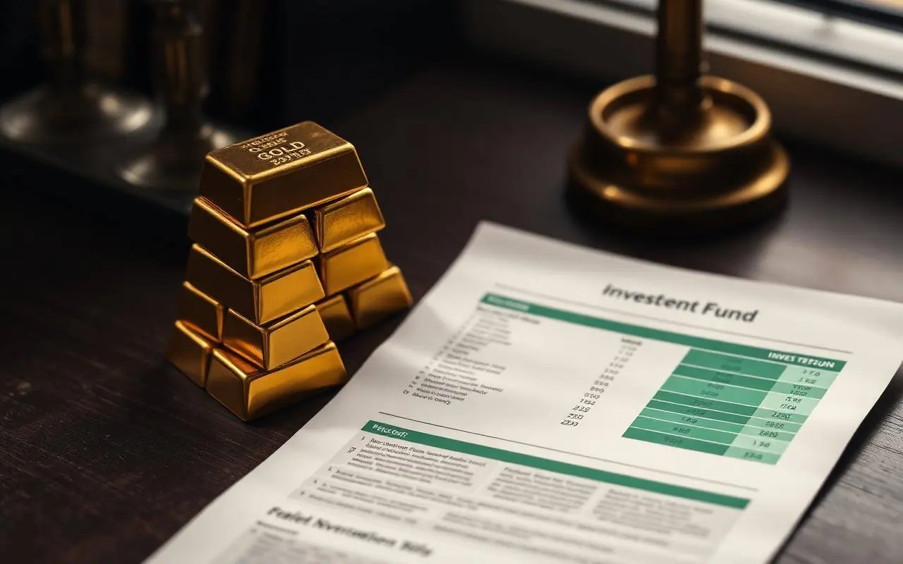Stacked gold bullion bars beside a printed investment fund factsheet on a dark wooden desk