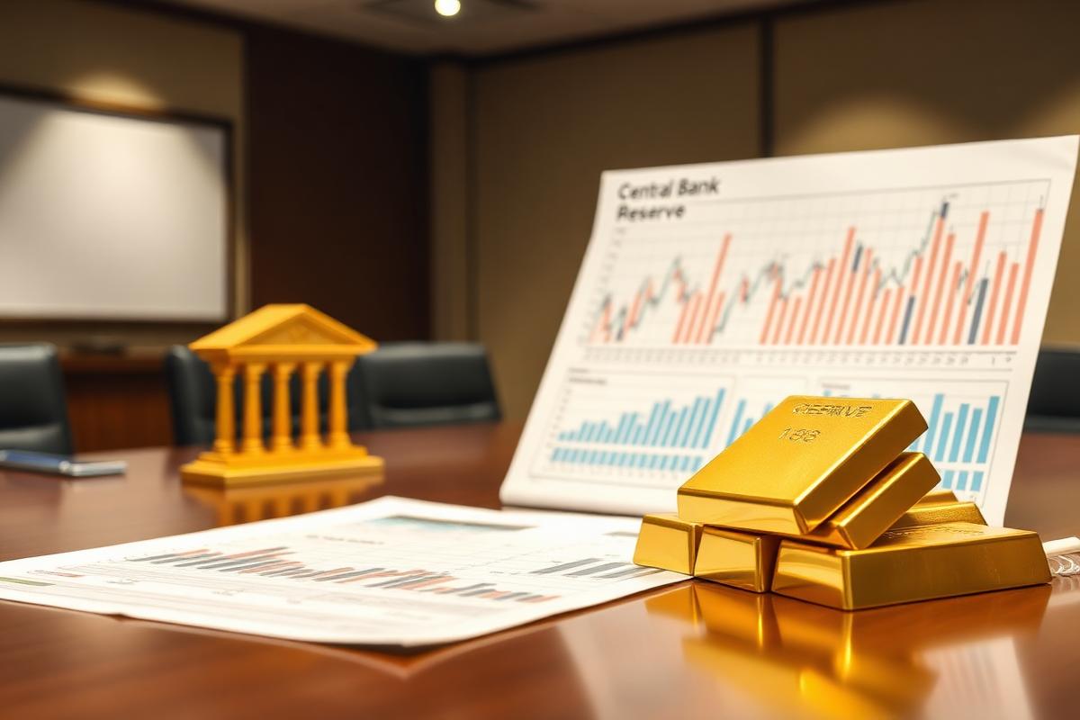 Gold bars resting on a boardroom table beside printed central bank reserve charts