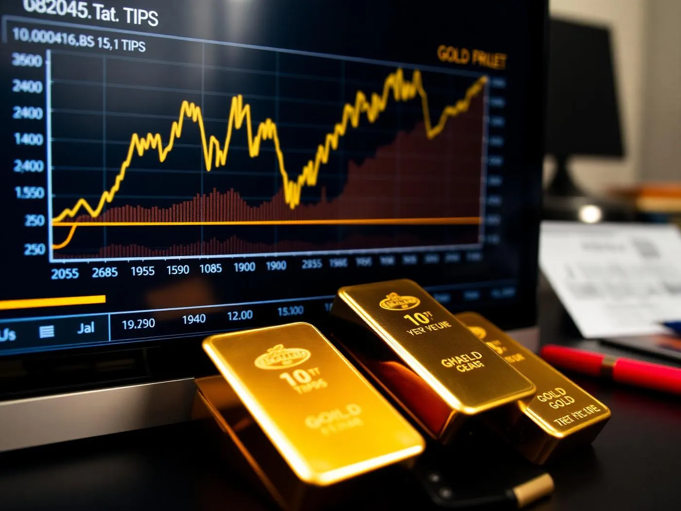 Gold bars on a desk in front of a screen showing a ten-year real yield curve and the gold price