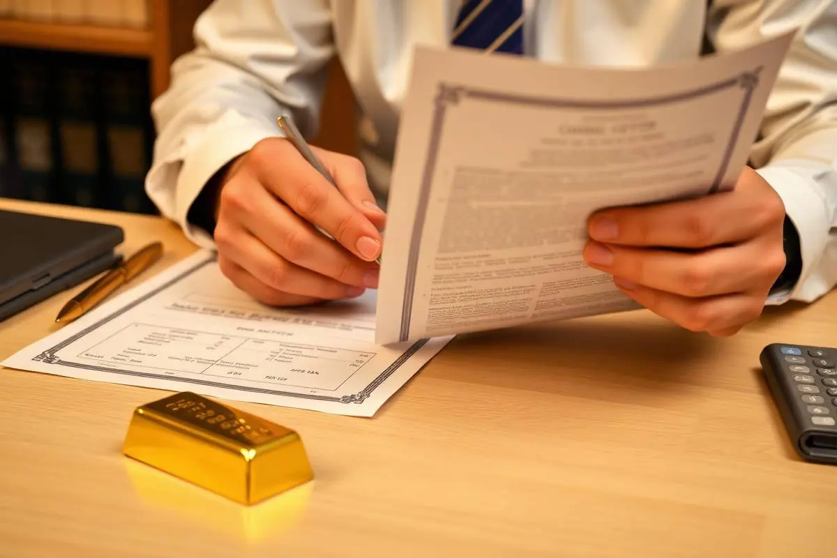 Compliance officer reviewing chain-of-custody documents and an assay certificate beside a gold bar during a responsible sourcing audit