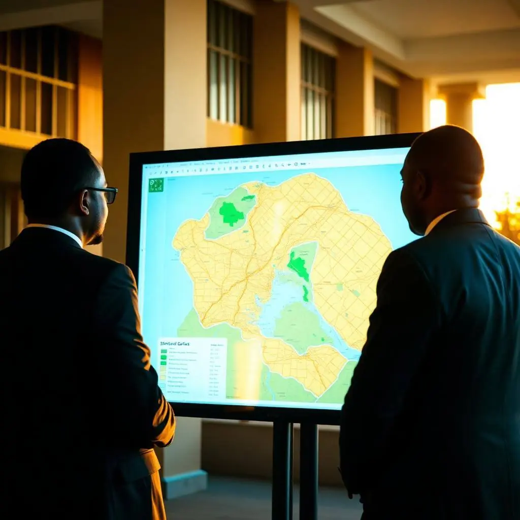 Ministry of Energy and Mineral Development officials reviewing a digital mining cadastre map