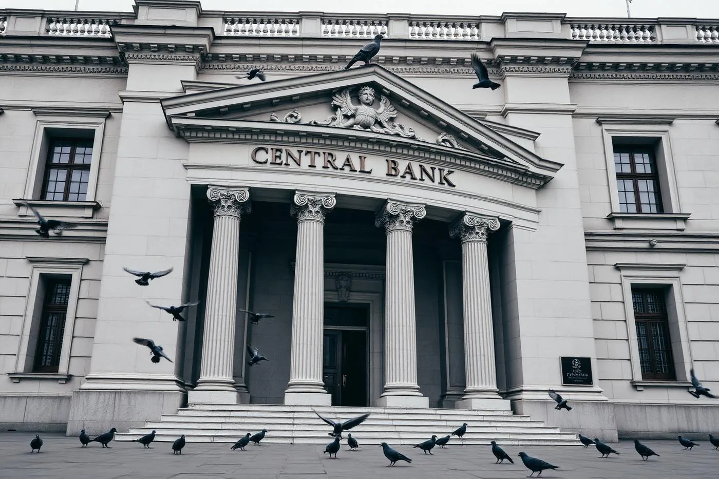 Neoclassical central bank facade with pigeons in the foreground