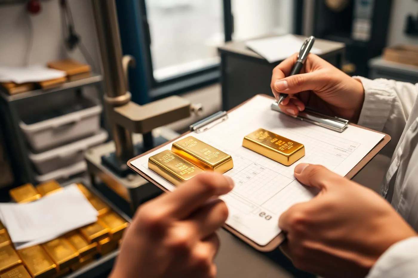 Refinery technician logging weighed gold bars on a clipboard
