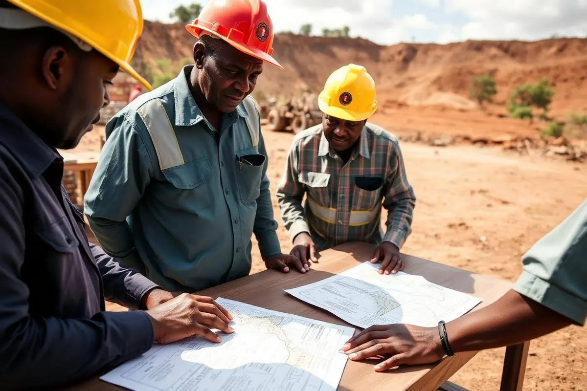 Government mining officials reviewing licence documents representing state participation in Uganda's gold sector