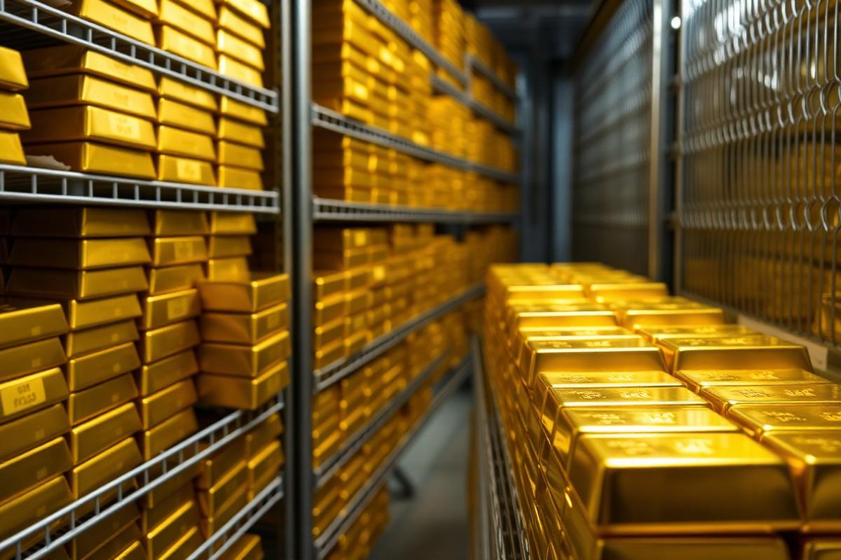 Rows of refined gold bullion bars stacked on steel shelving inside a secure allocated storage vault