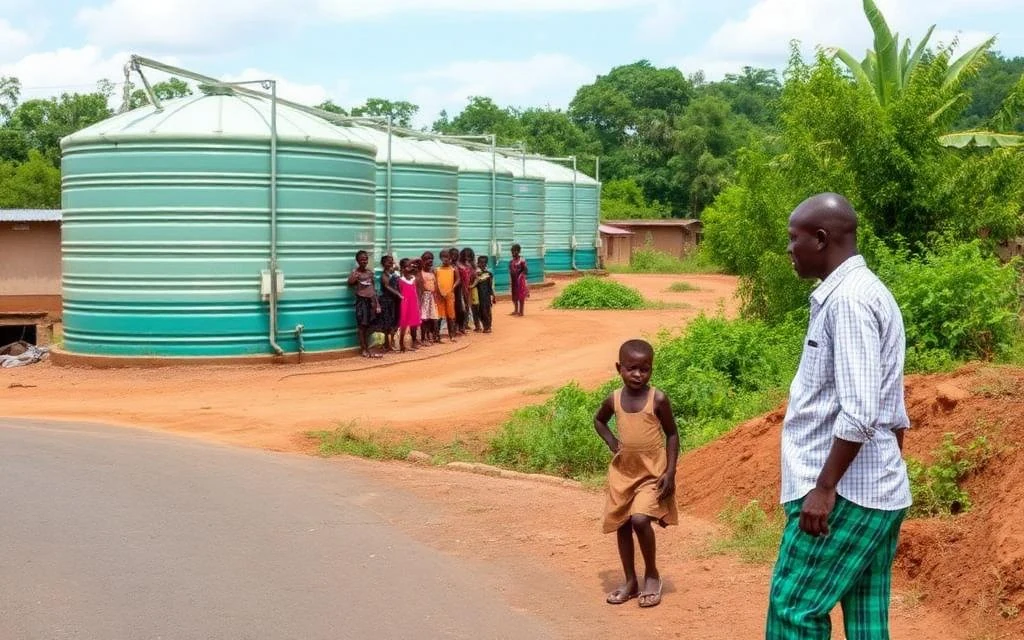Community water storage tanks in a rural Ugandan mining district