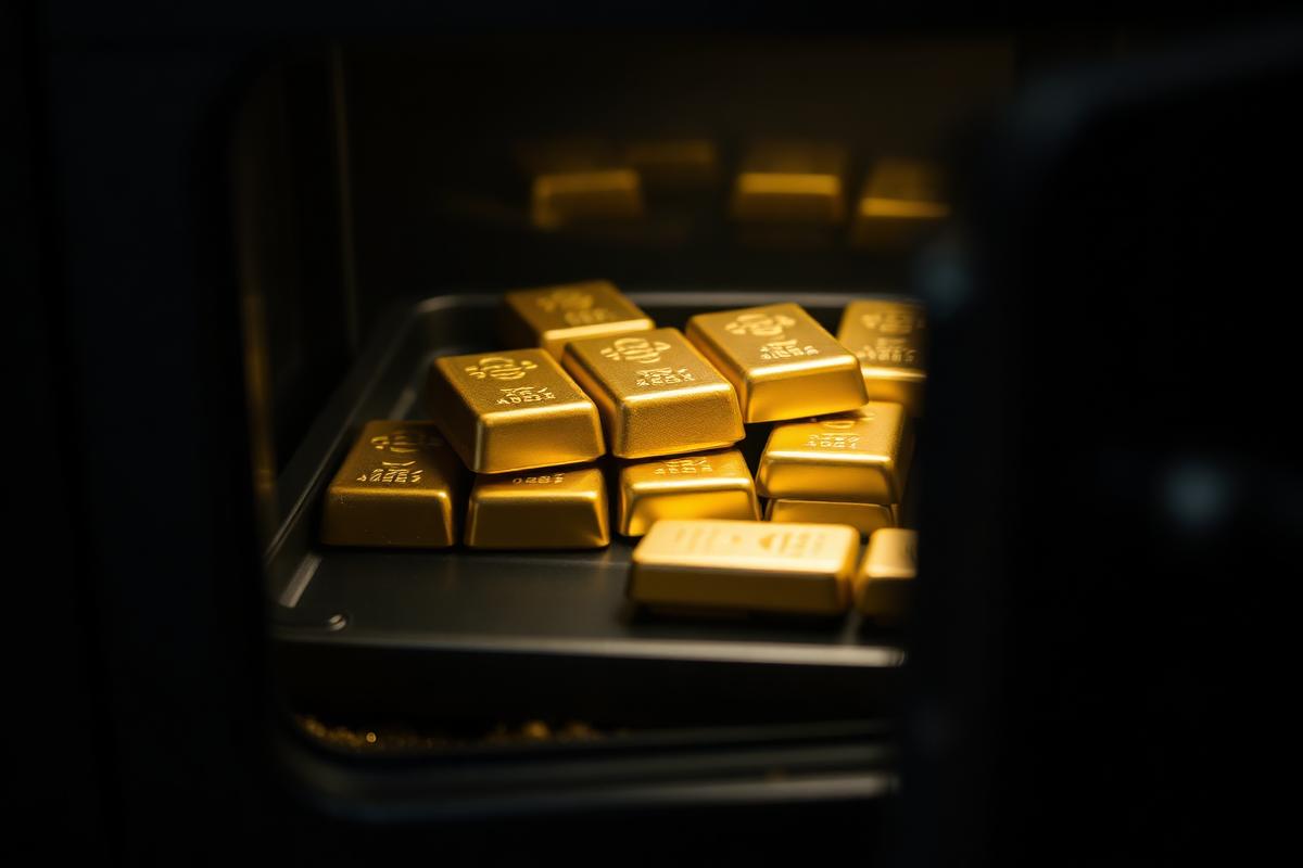 Gold bars resting in an open dealer safe under low light