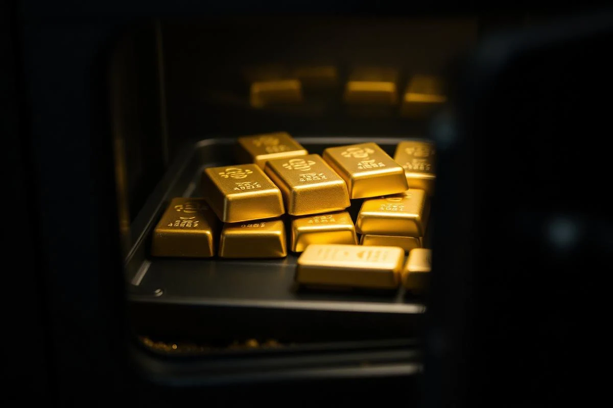 Gold bars resting in an open dealer safe under low light