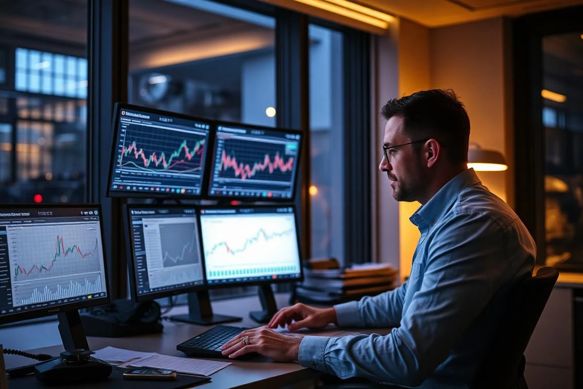 Fund manager reviewing flow charts on multiple screens in a European office at dusk