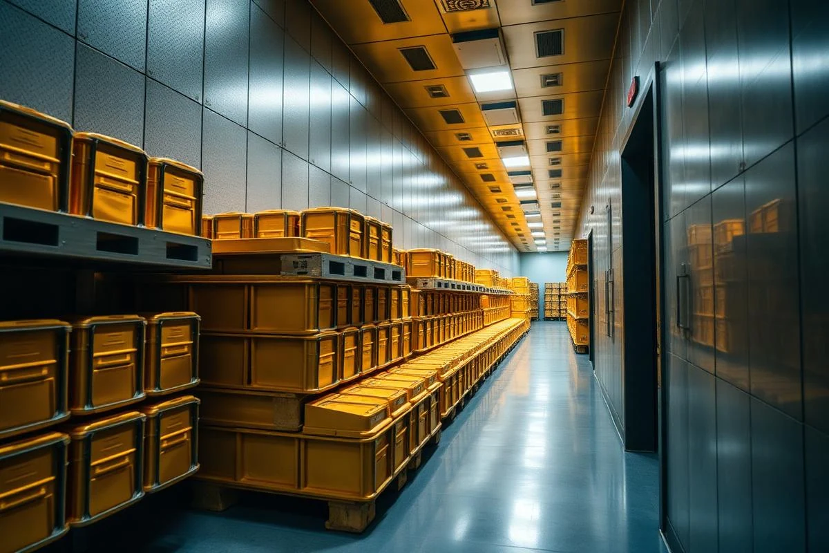 Sealed bullion crates stacked along a central bank vault corridor