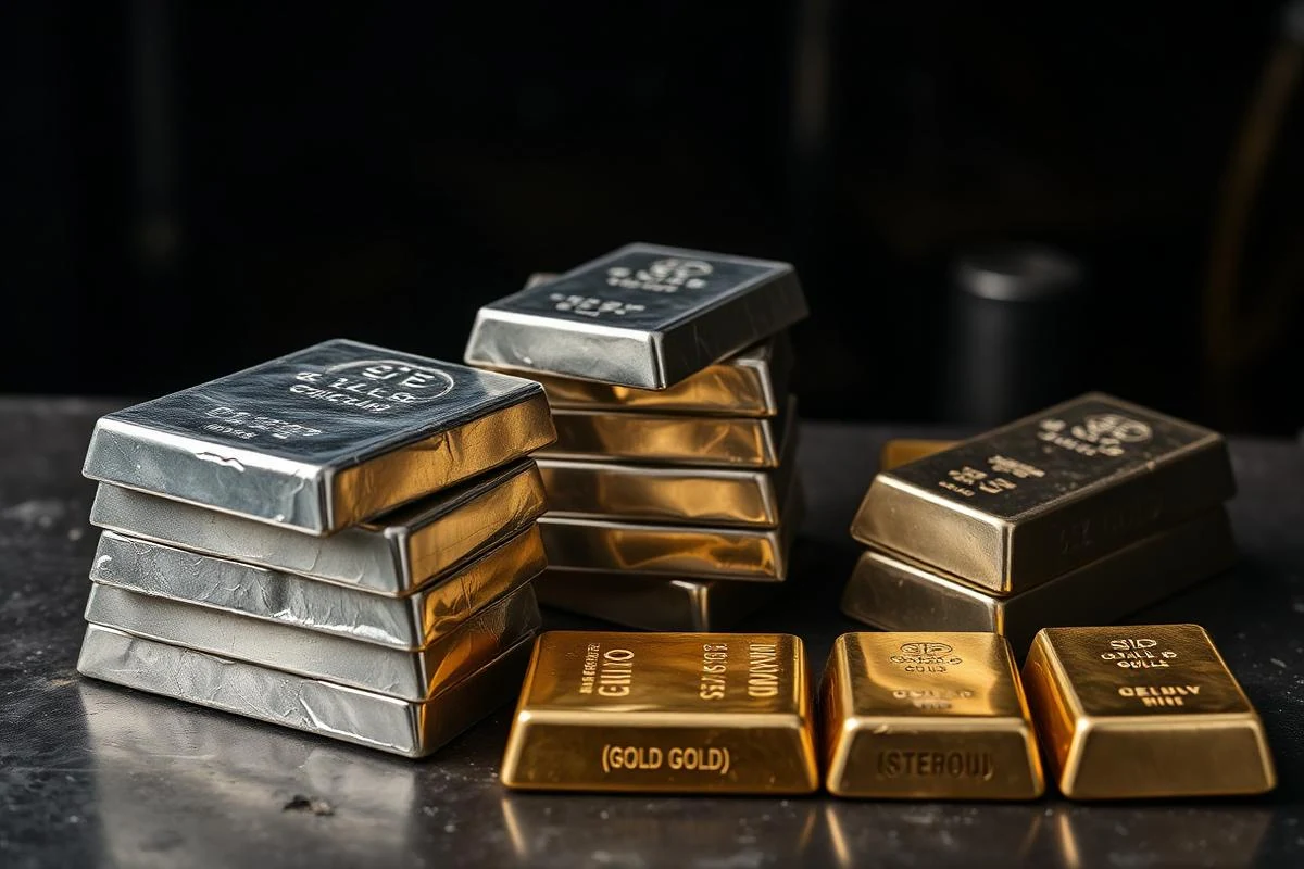 Stacked silver and gold bullion bars on a dark steel surface